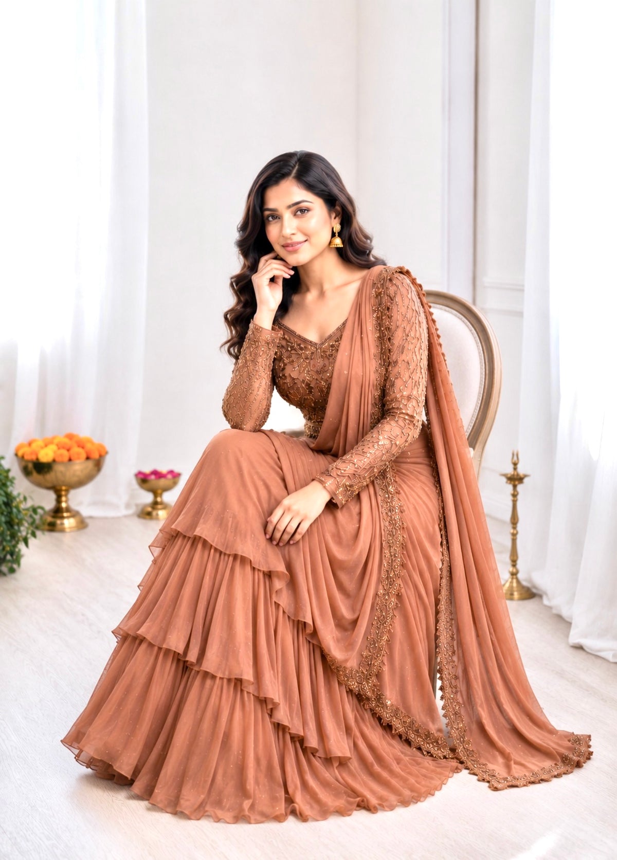Caramel Georgette Ruffle Lehenga Saree, view 2