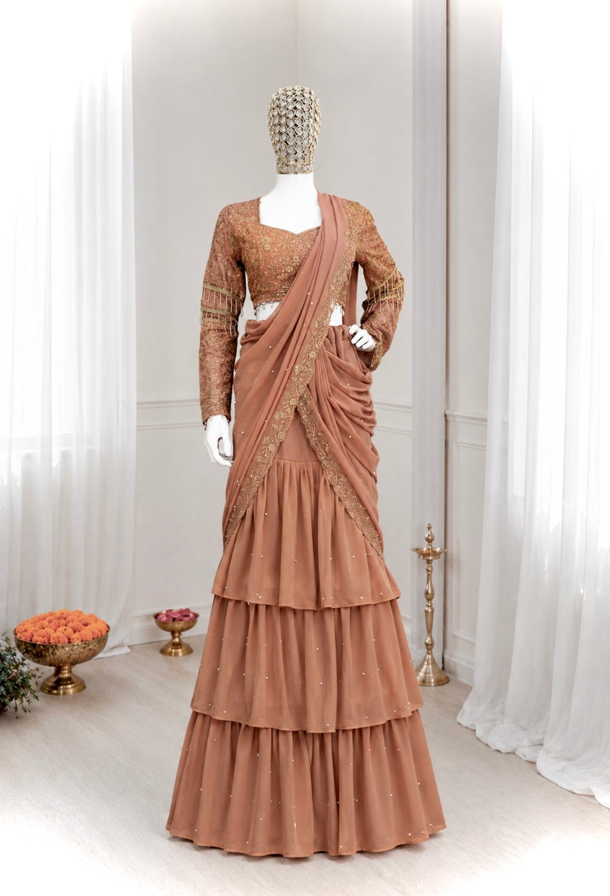 Caramel Georgette Ruffle Lehenga Saree, view 3