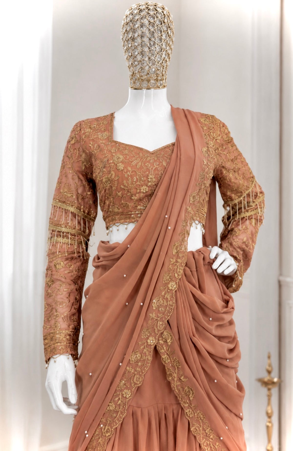Caramel Georgette Ruffle Lehenga Saree, view 4