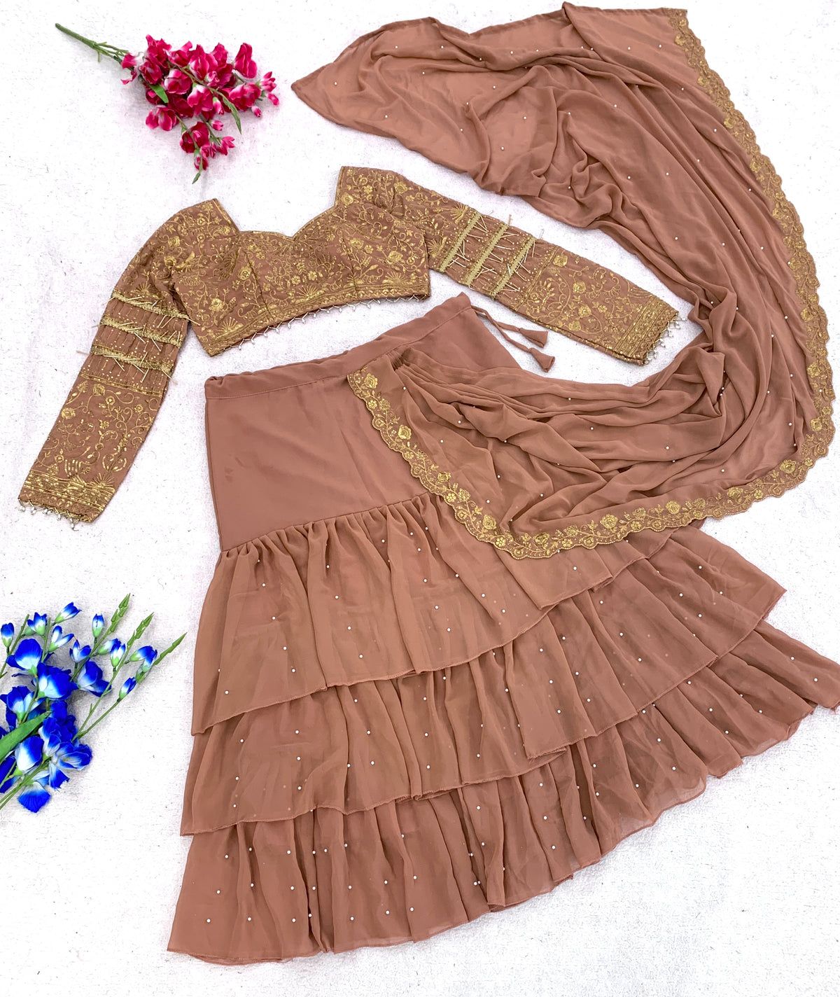 Caramel Georgette Ruffle Lehenga Saree, view 6