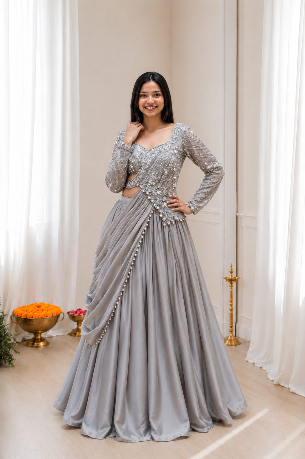 Grey Rangoli Silk Lehenga Choli