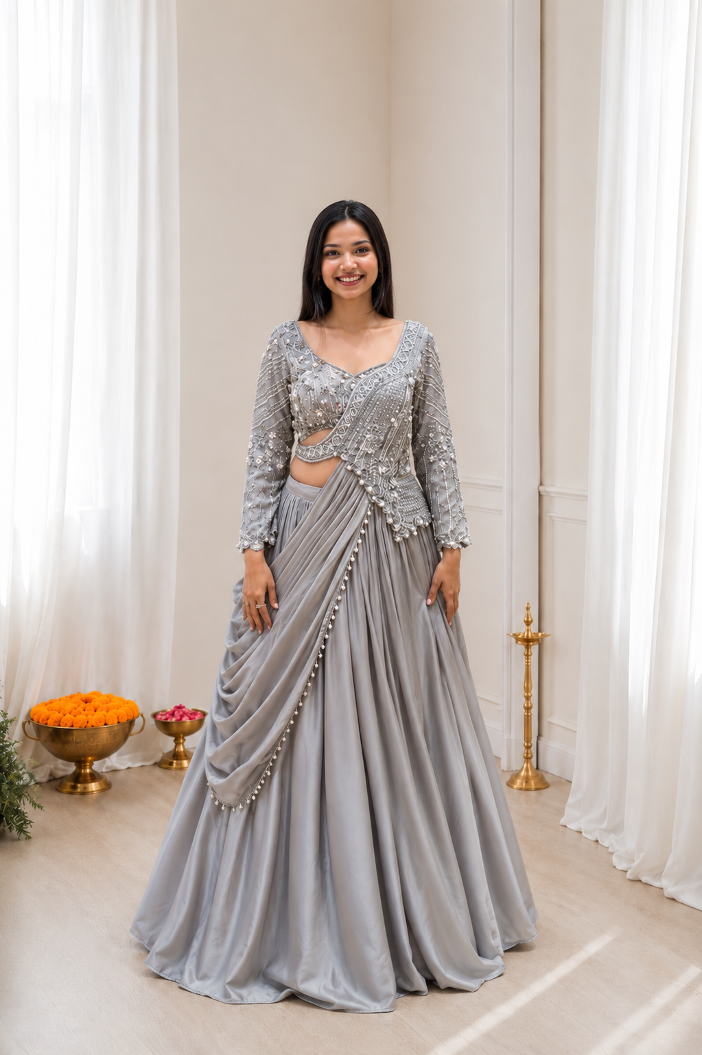 Grey Rangoli Silk Lehenga Choli