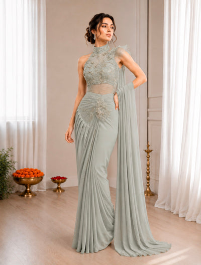 Sage Grey Crepe Saree with Net Halter Blouse