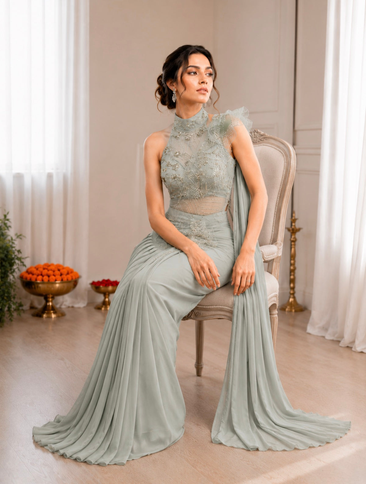 Sage Grey Crepe Saree with Net Halter Blouse, view 2