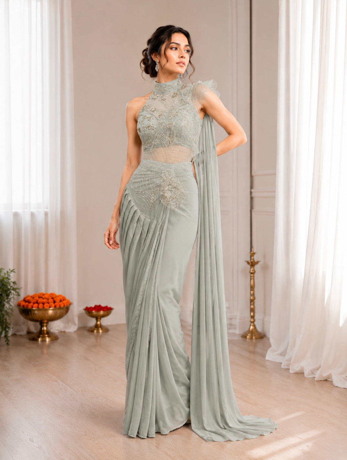 Sage Grey Crepe Saree with Net Halter Blouse, view 3