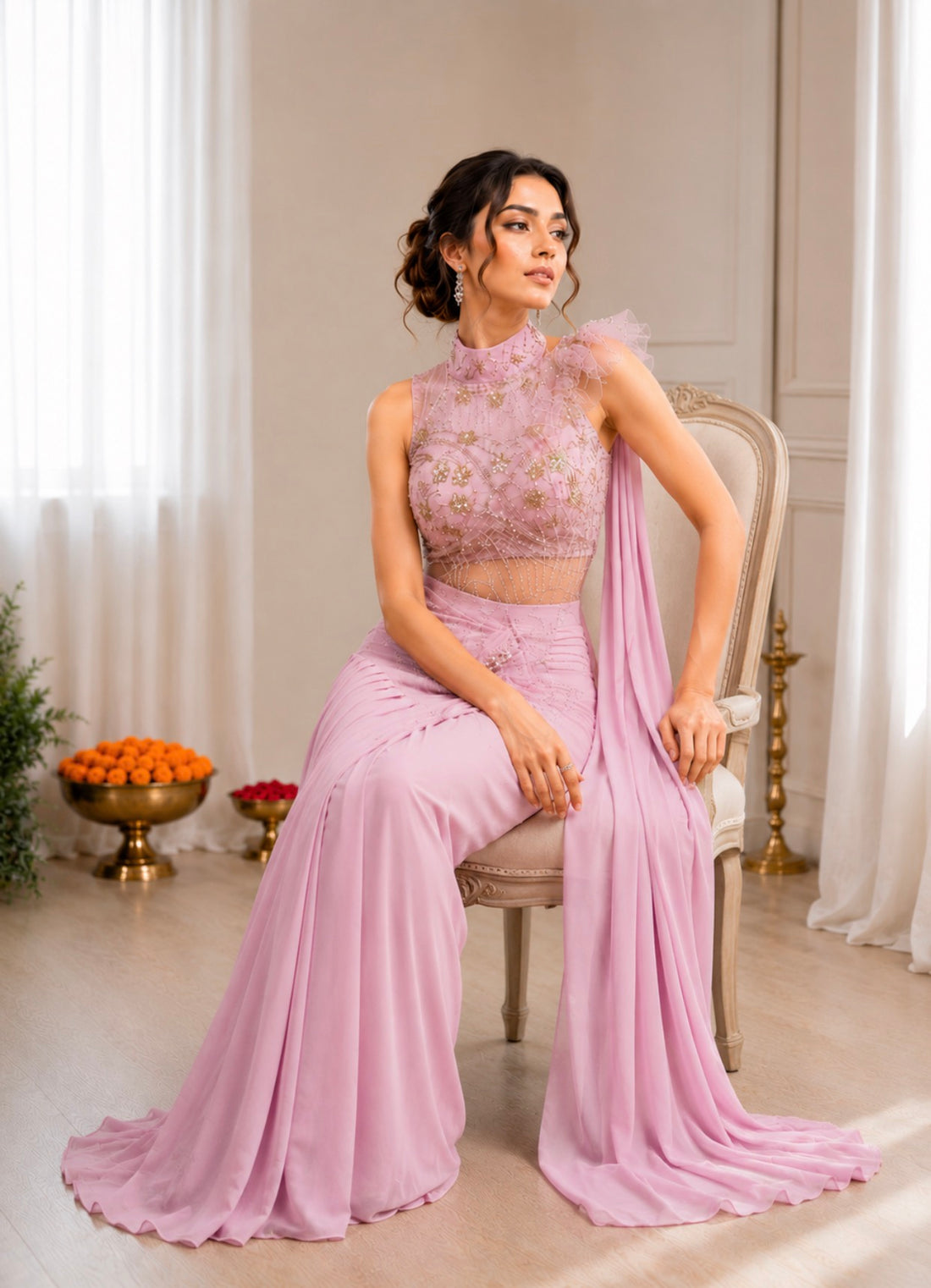 Pastel Pink Crepe Saree with Net Halter Blouse