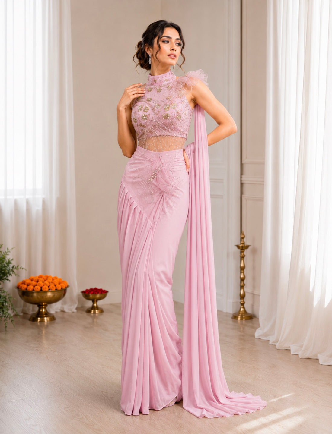 Pastel Pink Crepe Saree with Net Halter Blouse