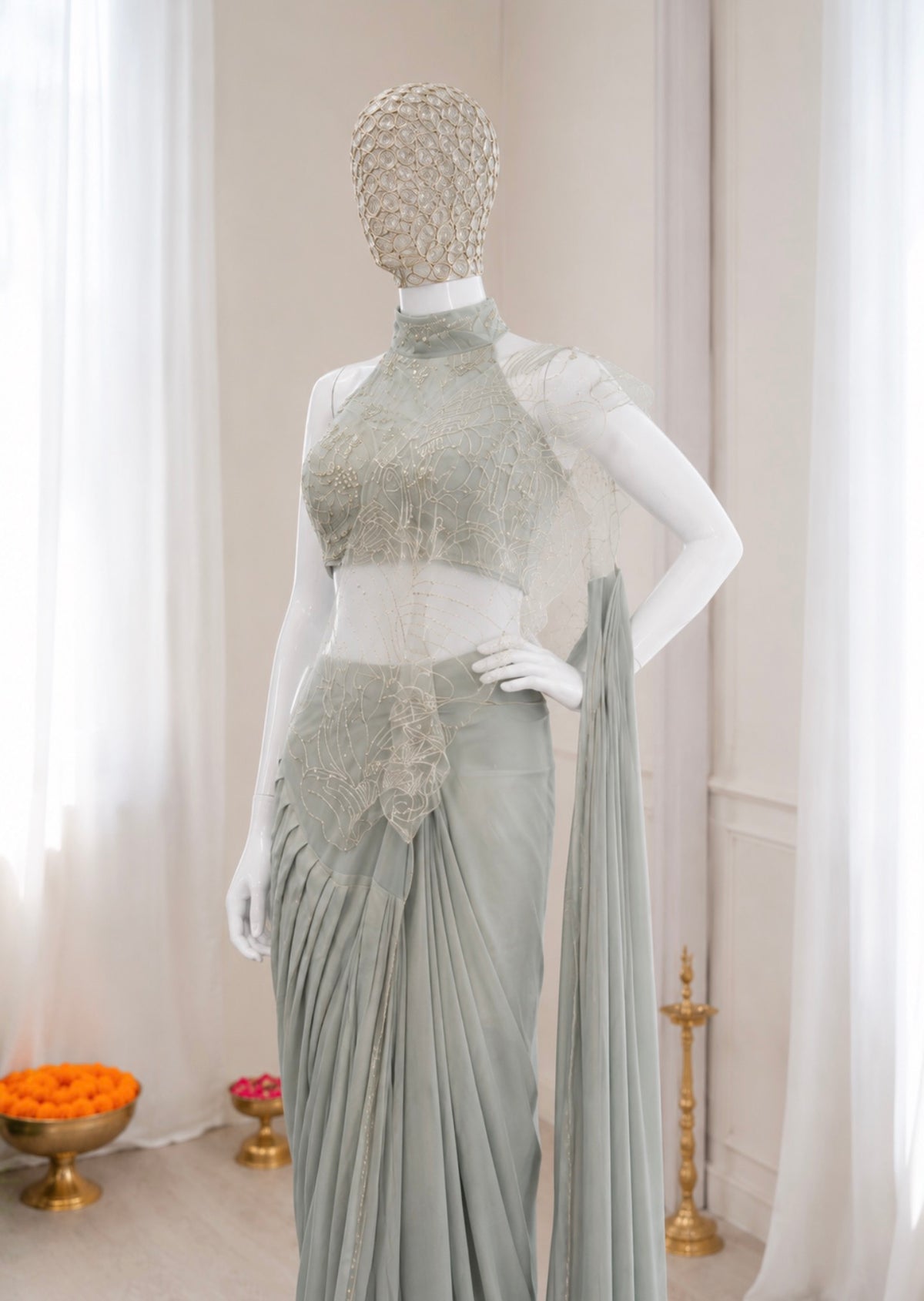 Sage Grey Crepe Saree with Net Halter Blouse, view 4