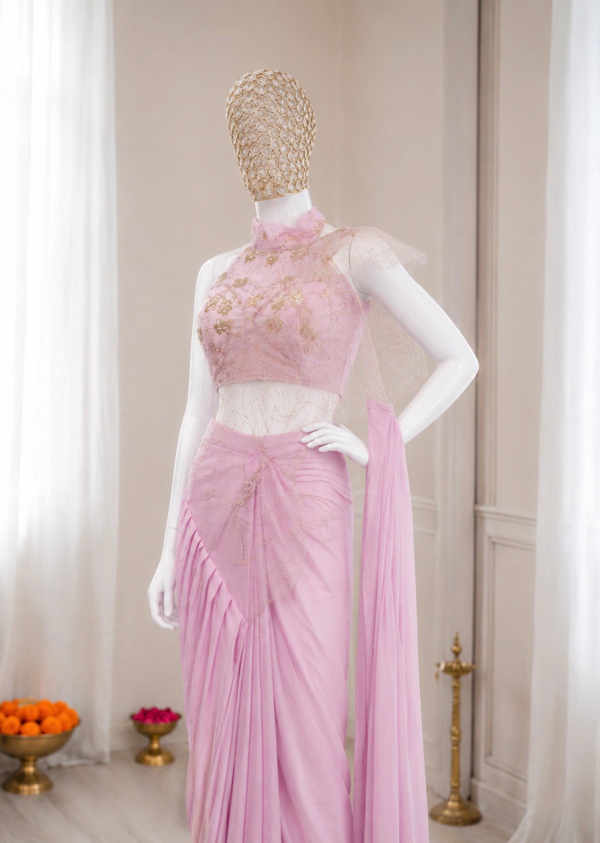 Pastel Pink Crepe Saree with Net Halter Blouse, view 3