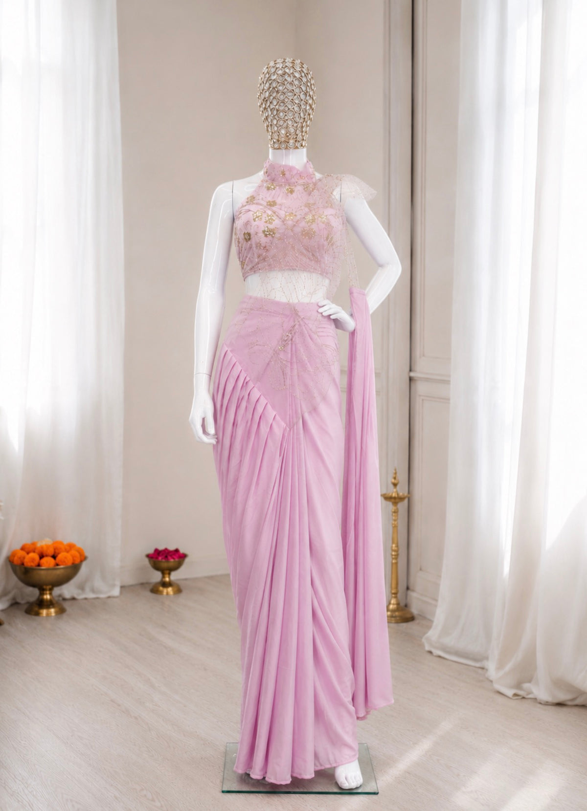 Pastel Pink Crepe Saree with Net Halter Blouse, view 4