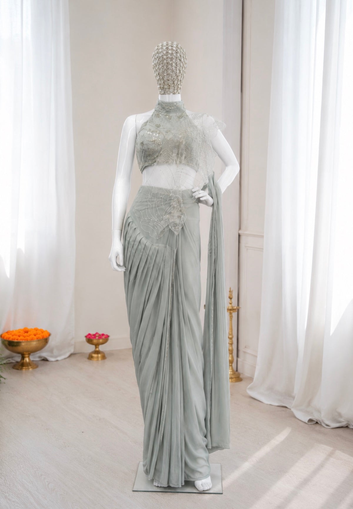 Sage Grey Crepe Saree with Net Halter Blouse, view 5