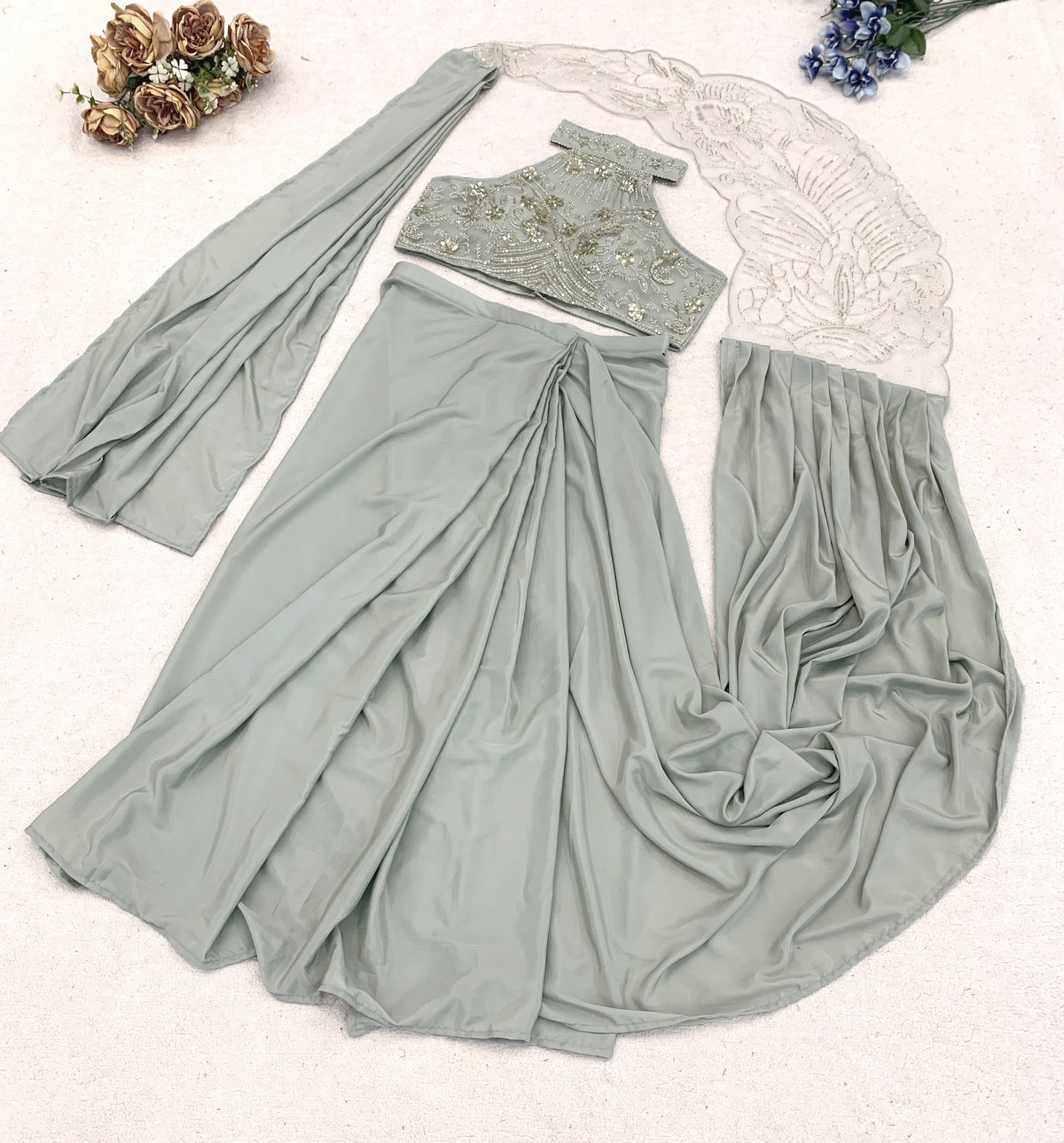 Sage Grey Crepe Saree with Net Halter Blouse, view 6