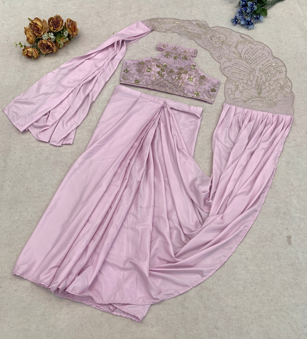 Pastel Pink Crepe Saree with Net Halter Blouse, view 6