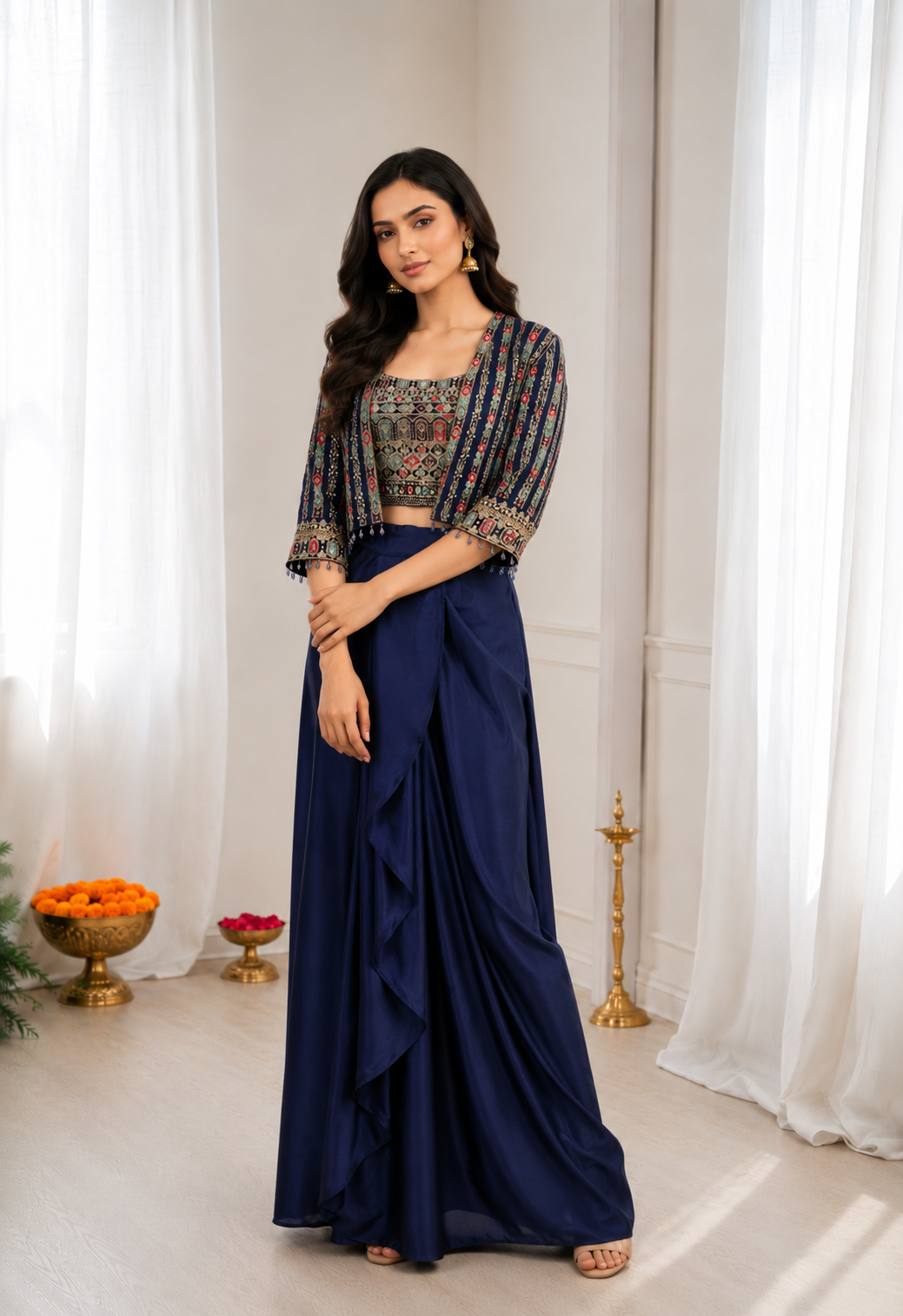 Navy Blue Chinon Dhoti Lehenga with Koti