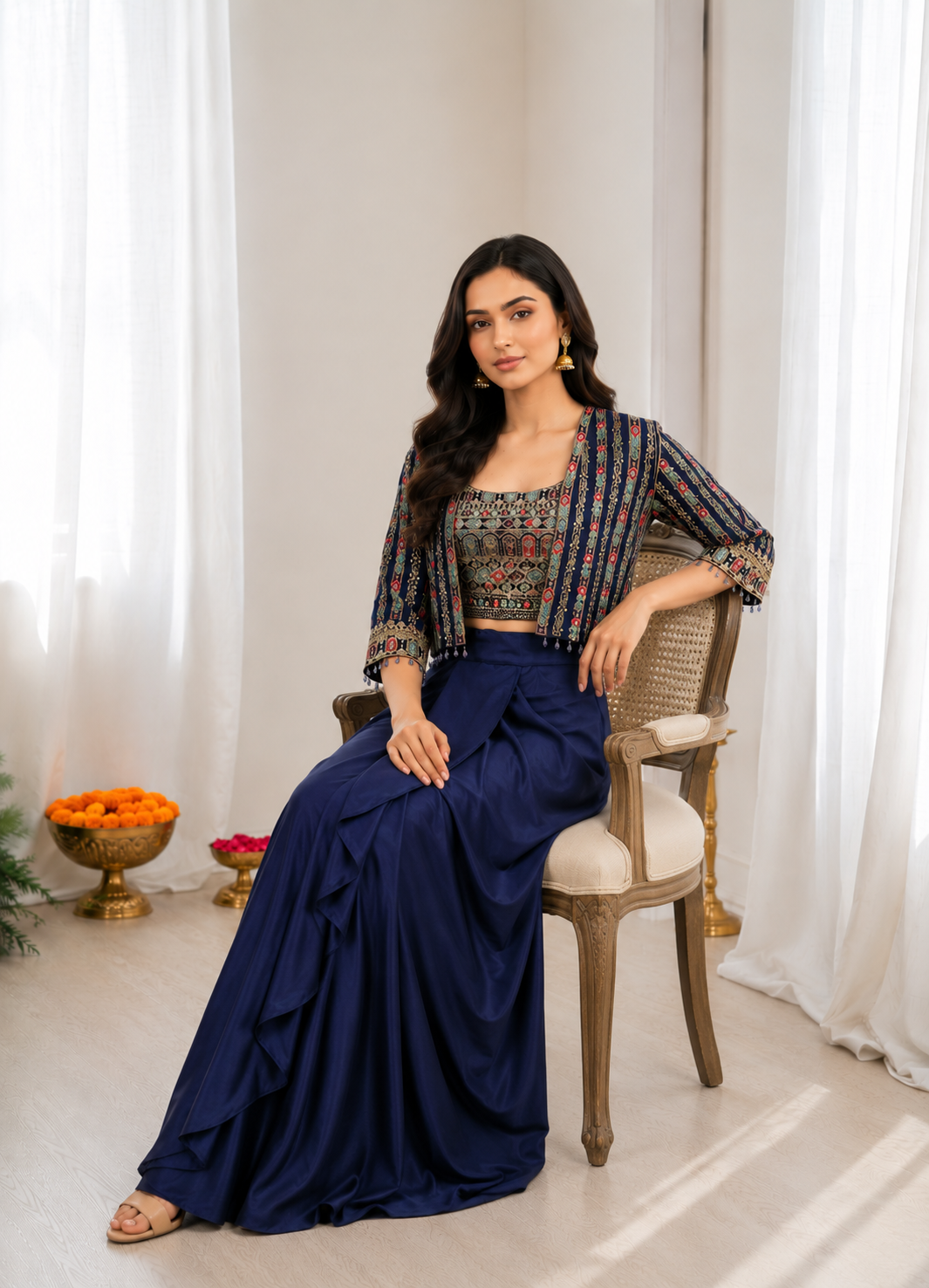 Navy Blue Chinon Dhoti Lehenga with Koti