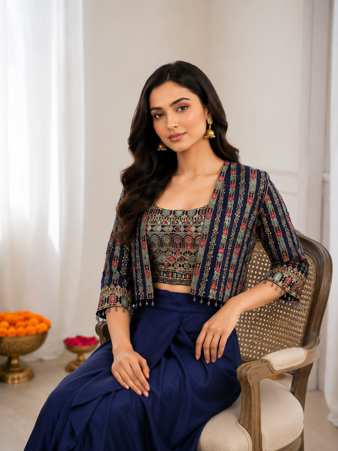 Navy Blue Chinon Dhoti Lehenga with Koti, view 3