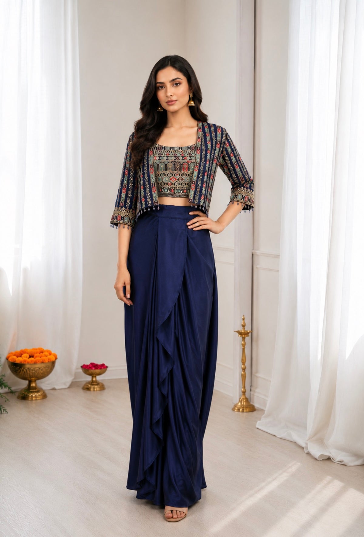 Navy Blue Chinon Dhoti Lehenga with Koti, view 4
