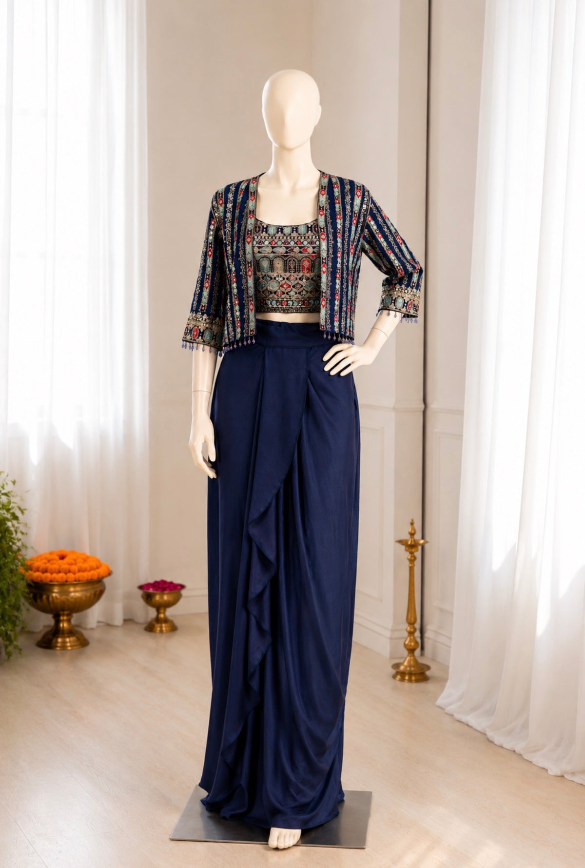 Navy Blue Chinon Dhoti Lehenga with Koti, view 5