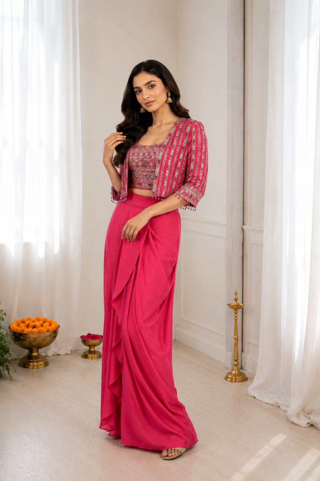 Rani Pink Chinon Dhoti Lehenga with Koti