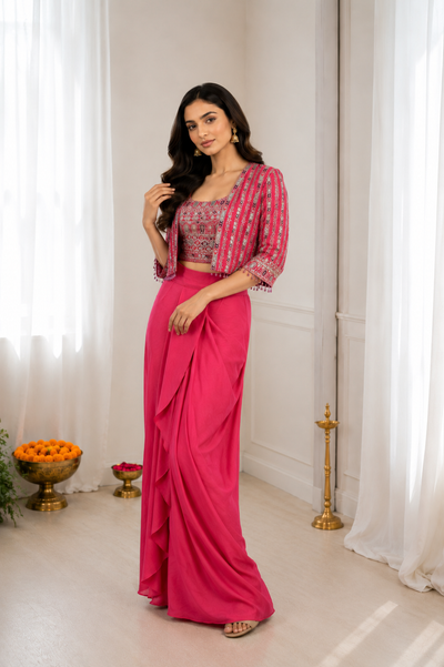 Rani Pink Chinon Dhoti Lehenga with Koti