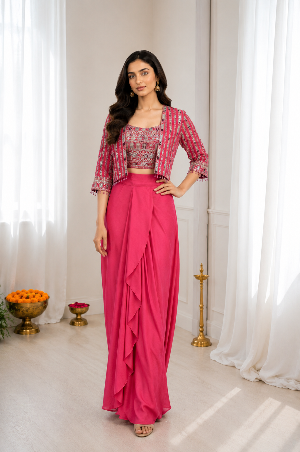 Rani Pink Chinon Dhoti Lehenga with Koti