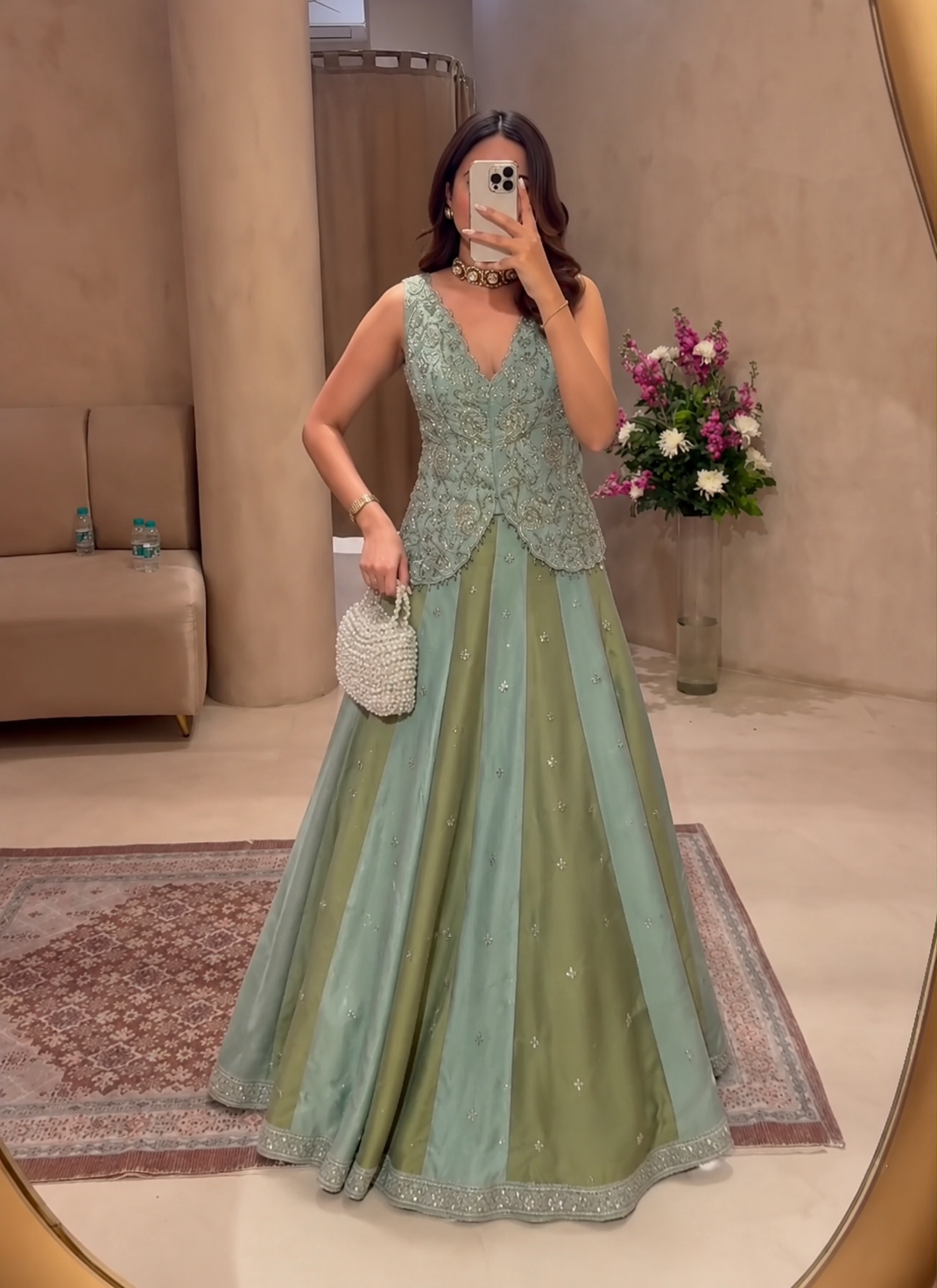 Pista Green Chinon Panel Lehenga