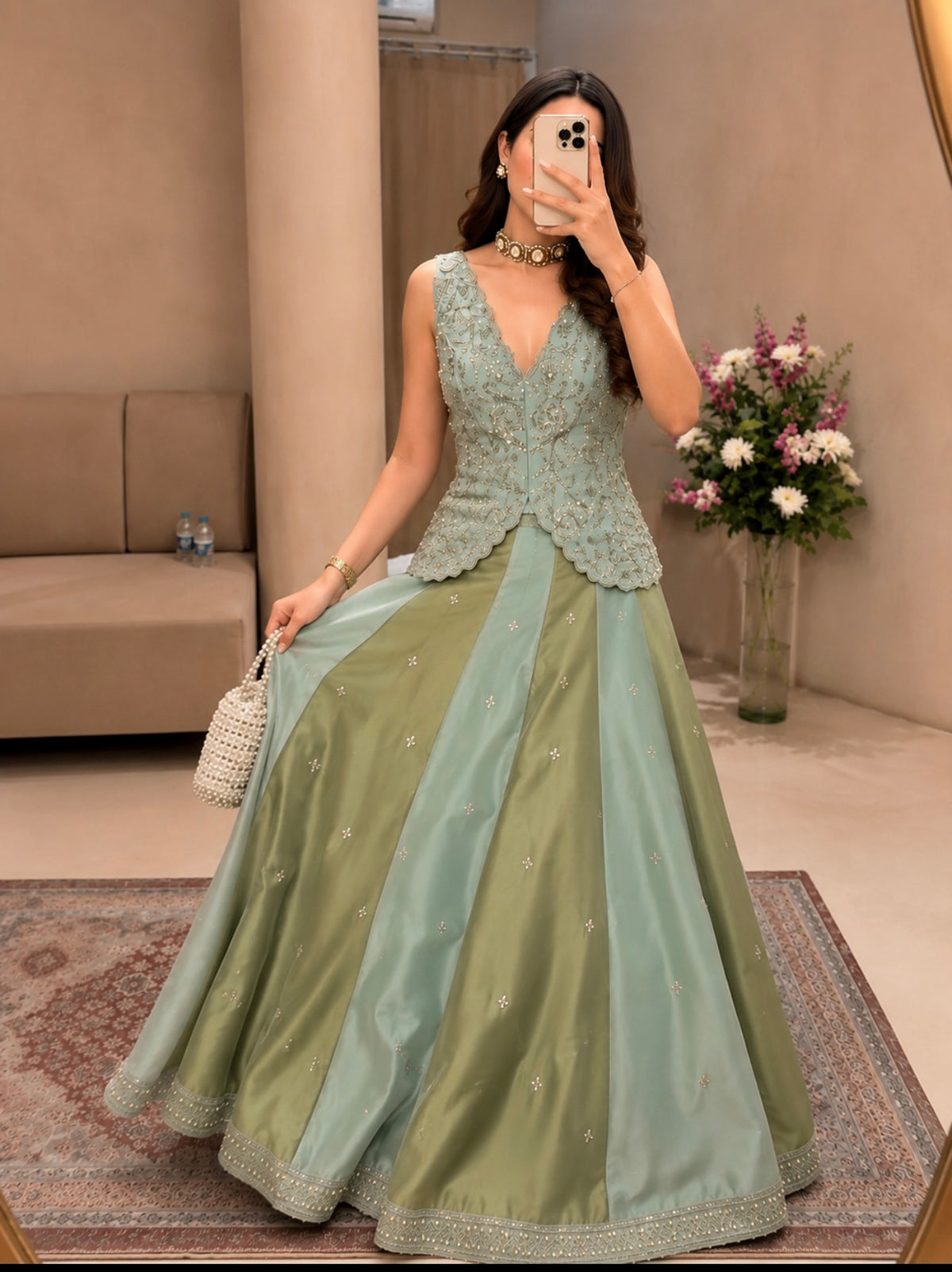 Pista Green Chinon Panel Lehenga, view 2