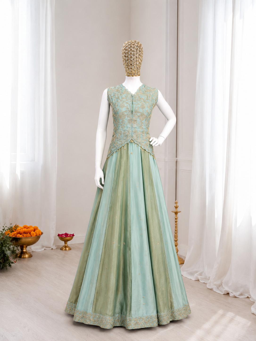 Pista Green Chinon Panel Lehenga, view 4