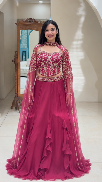 Gajri Pink Crepe Ruffle Lehenga Choli