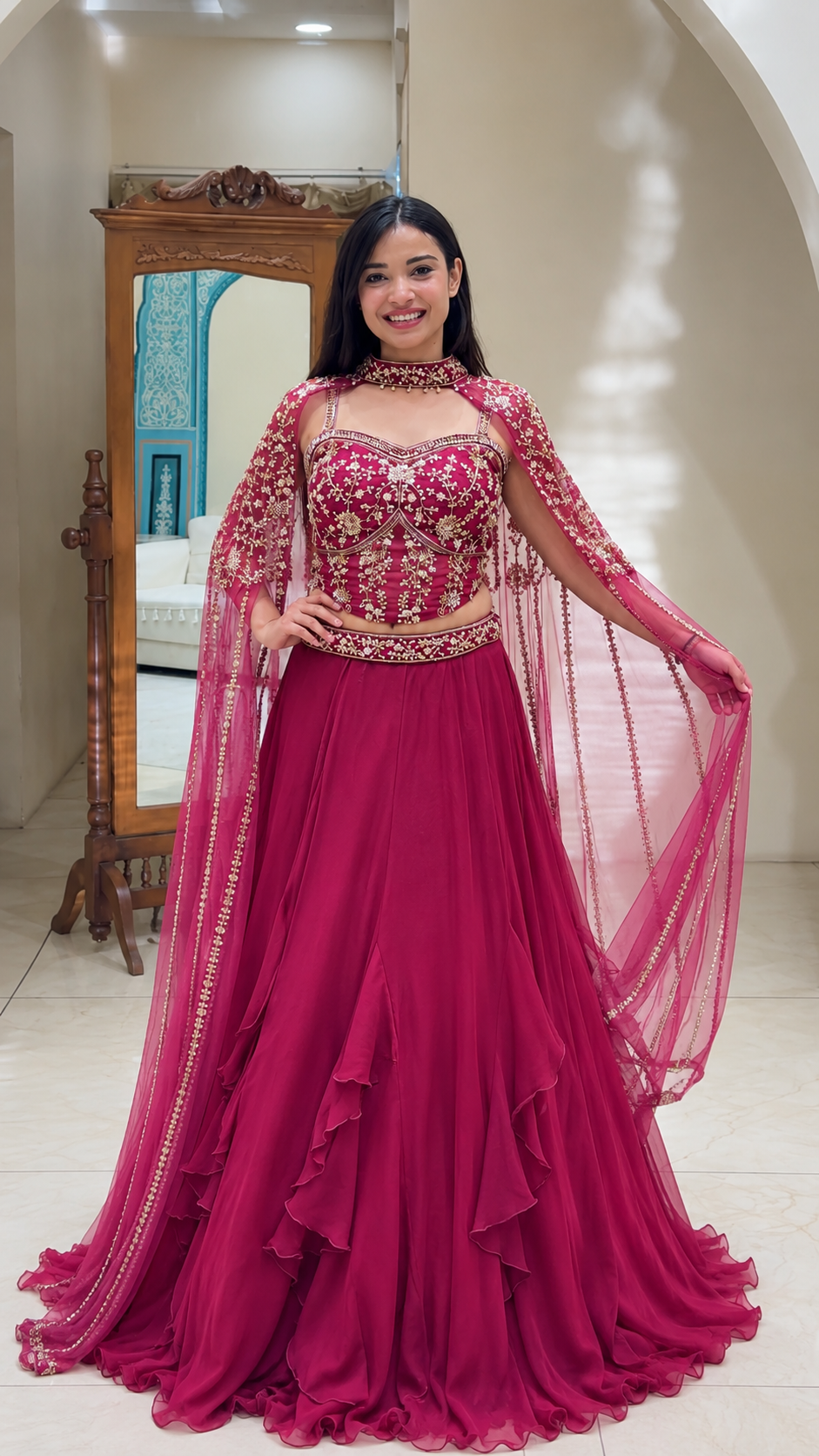 Gajri Pink Crepe Ruffle Lehenga Choli