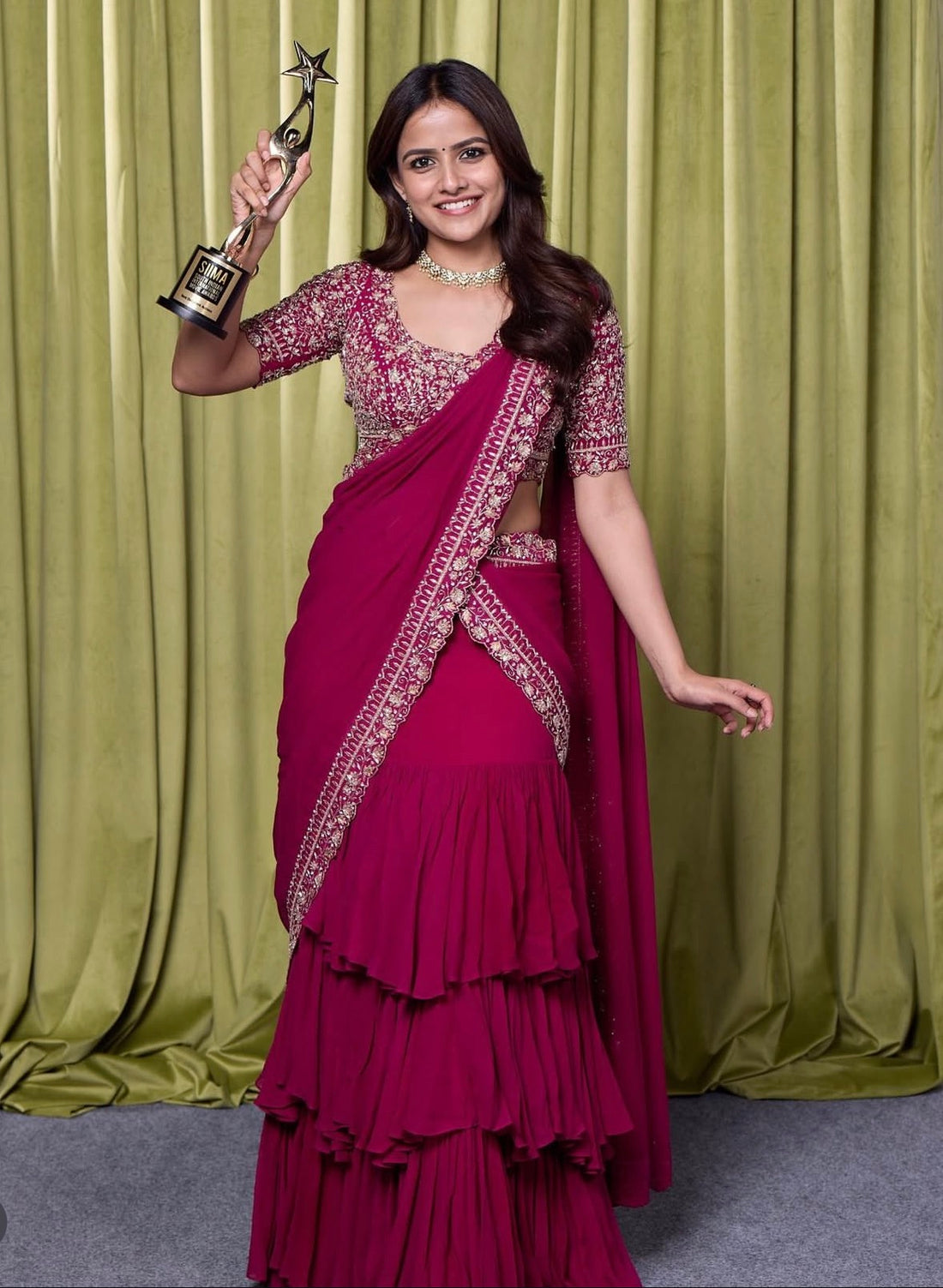 Magenta Georgette Ruffle Lehenga Saree