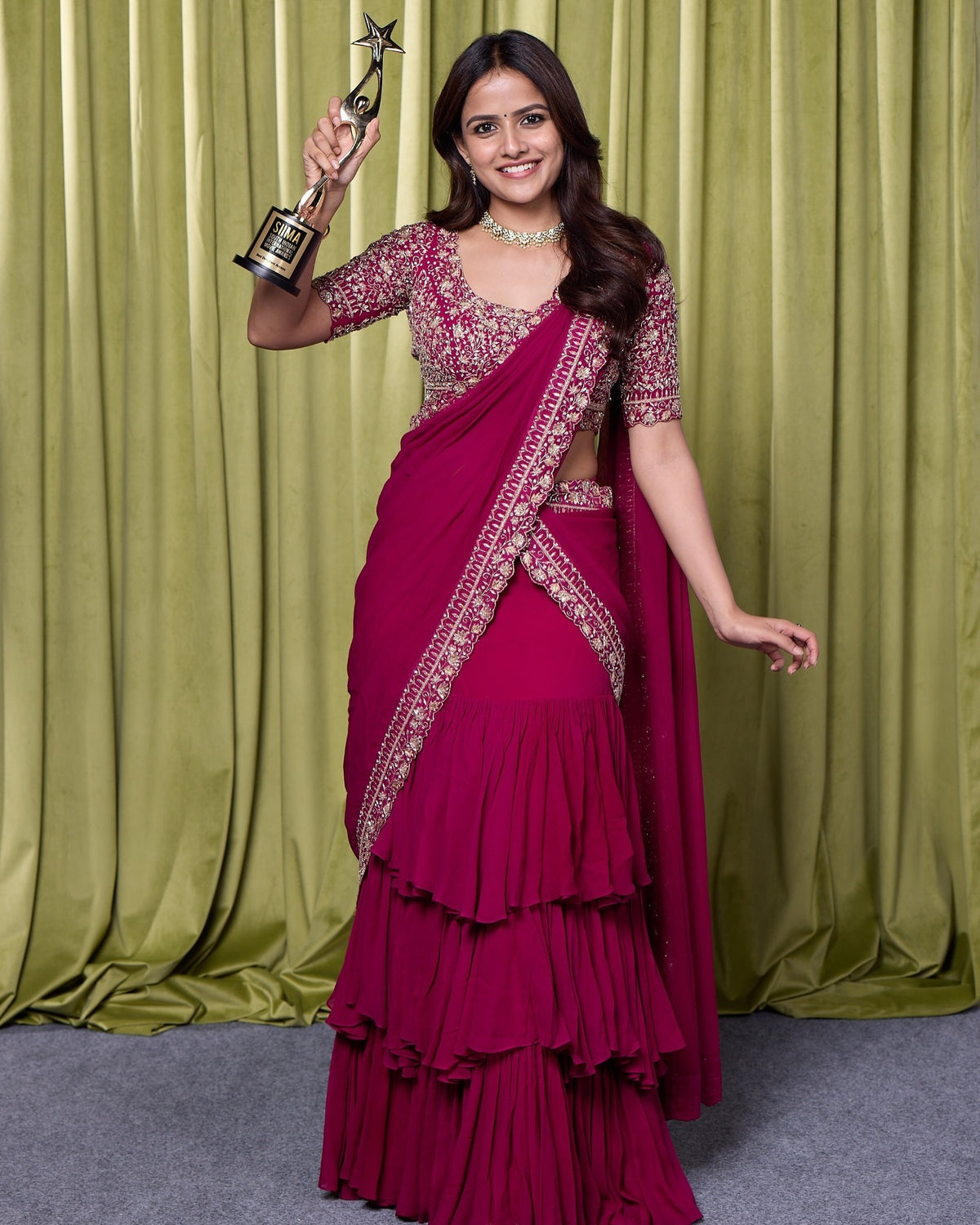Magenta Georgette Ruffle Lehenga Saree, view 5