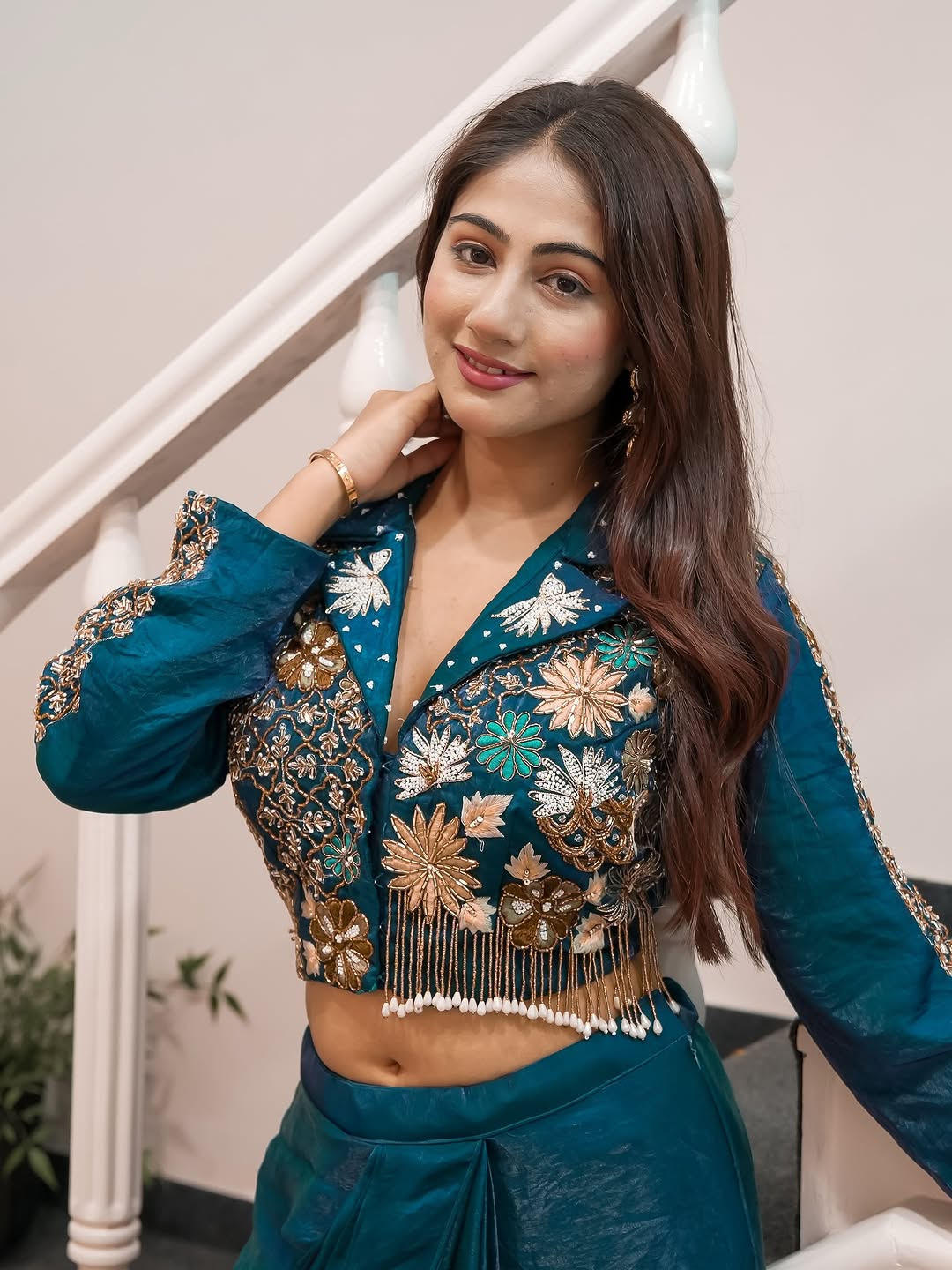 Teal Blue Satin Dhoti Set with Jacket Blouse, view 2