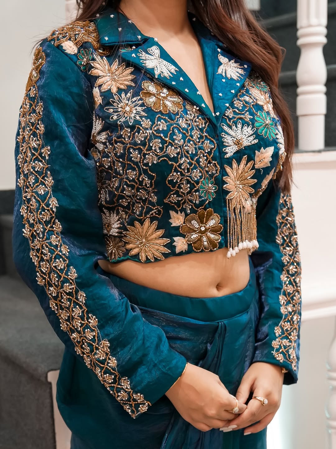Teal Blue Satin Dhoti Set with Jacket Blouse