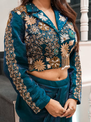 Teal Blue Satin Dhoti Set with Jacket Blouse