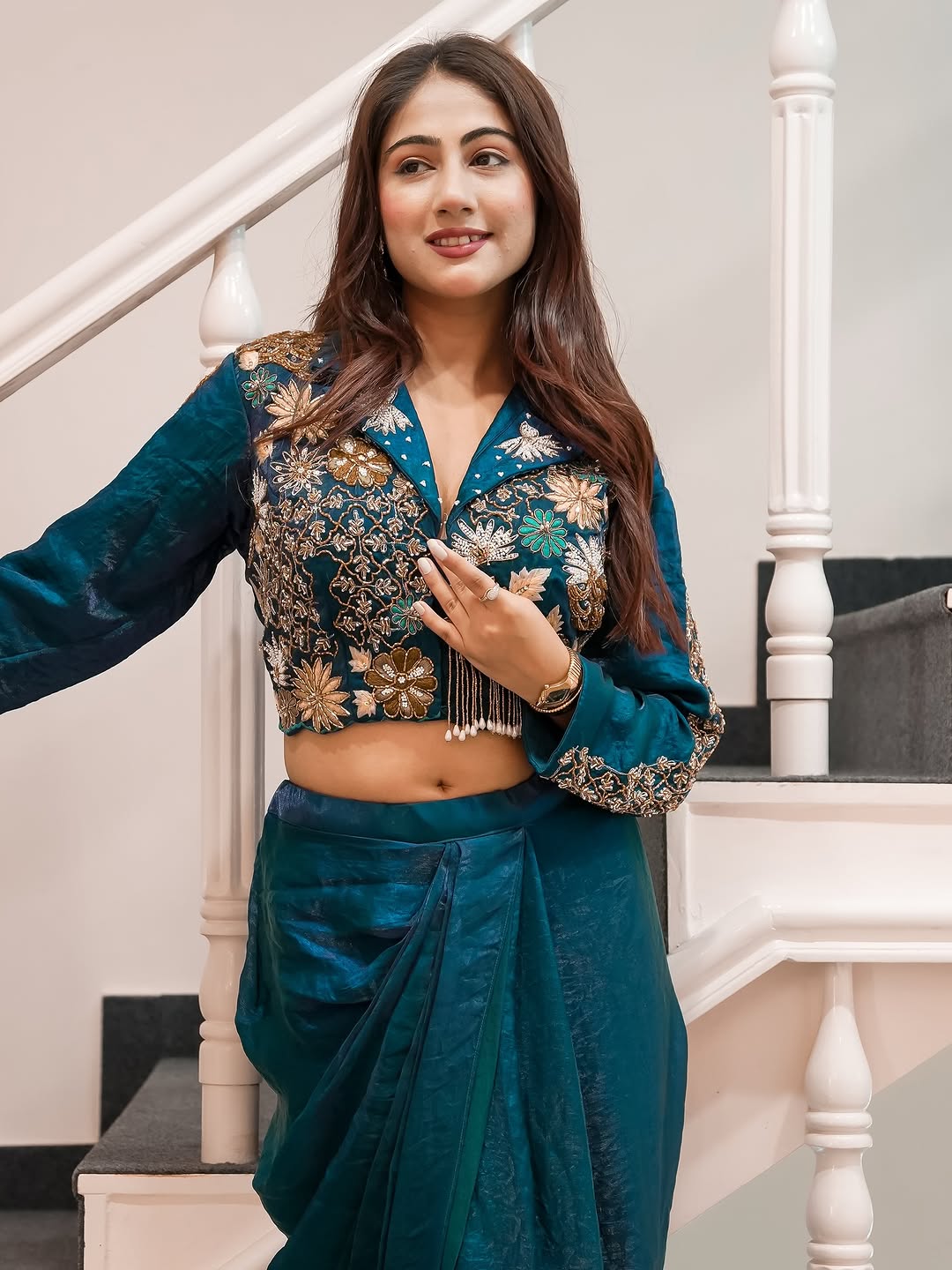 Teal Blue Satin Dhoti Set with Jacket Blouse, view 3