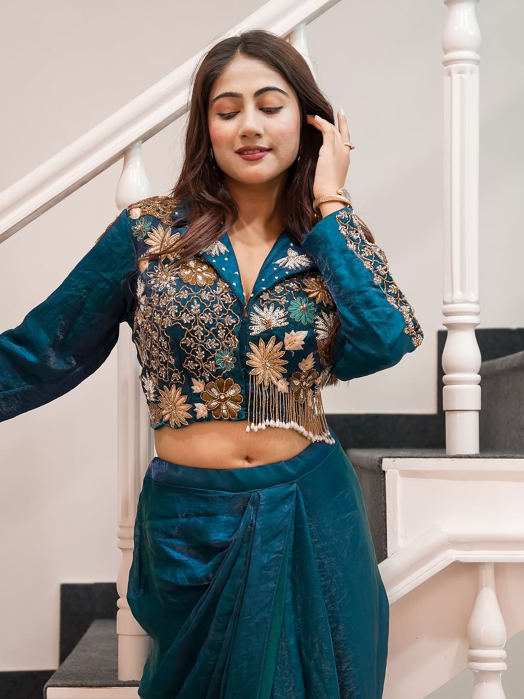 Teal Blue Satin Dhoti Set with Jacket Blouse, view 4
