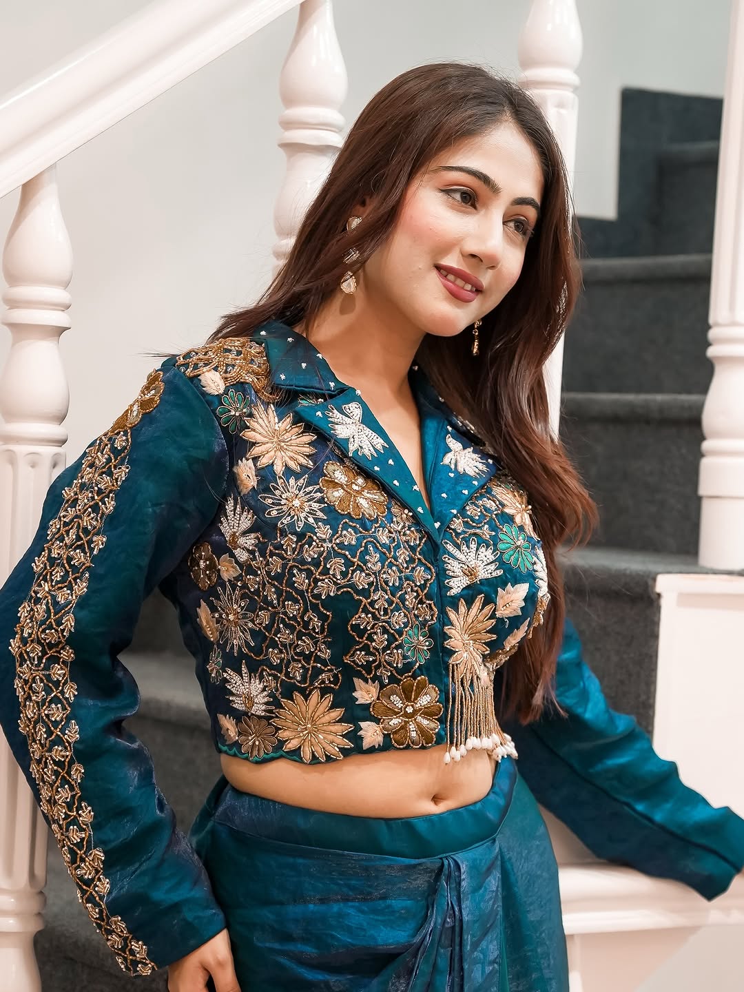 Teal Blue Satin Dhoti Set with Jacket Blouse, view 5