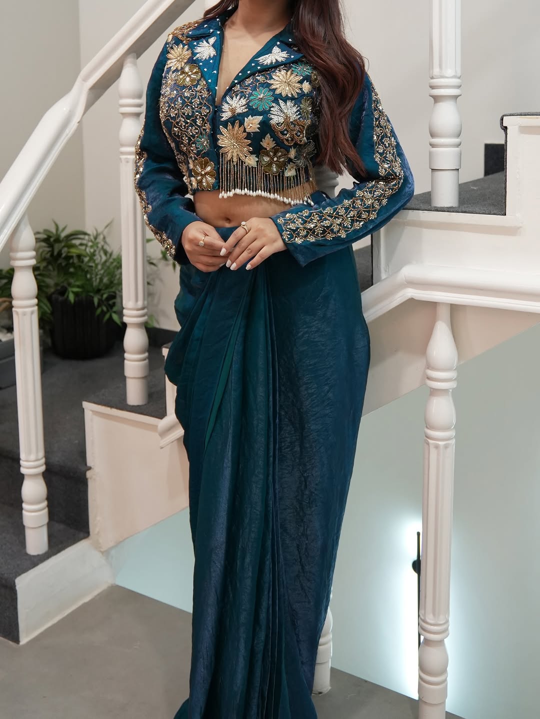 Teal Blue Satin Dhoti Set with Jacket Blouse, view 6