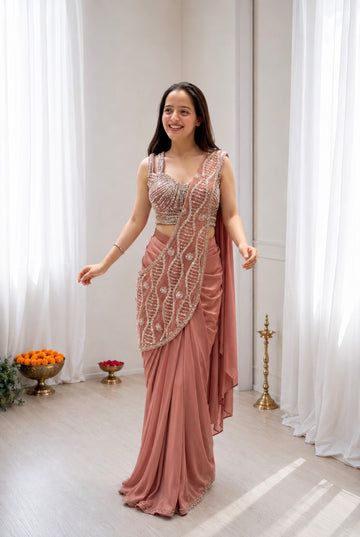 Dusty Rose Crepe Saree with Sequin Blouse