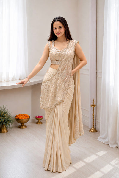 Pearl Cream Crepe Saree with Sequin Blouse