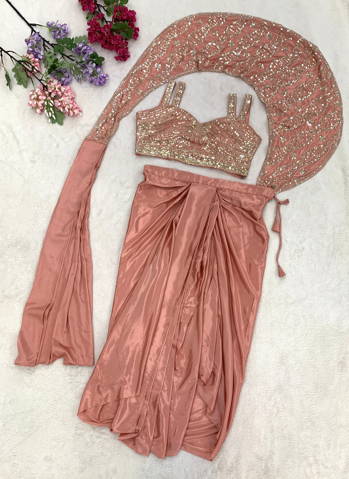 Dusty Rose Crepe Saree with Sequin Blouse, view 3