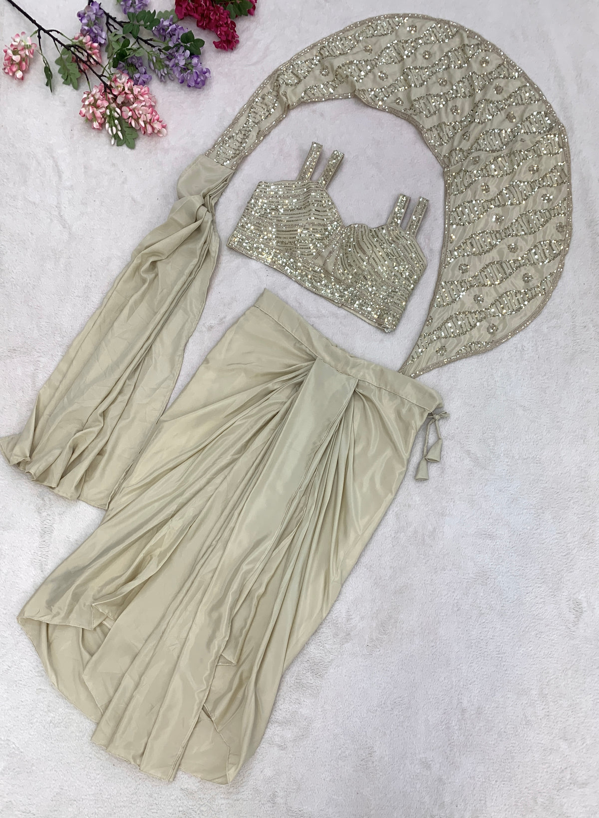 Pearl Cream Crepe Saree with Sequin Blouse, view 3