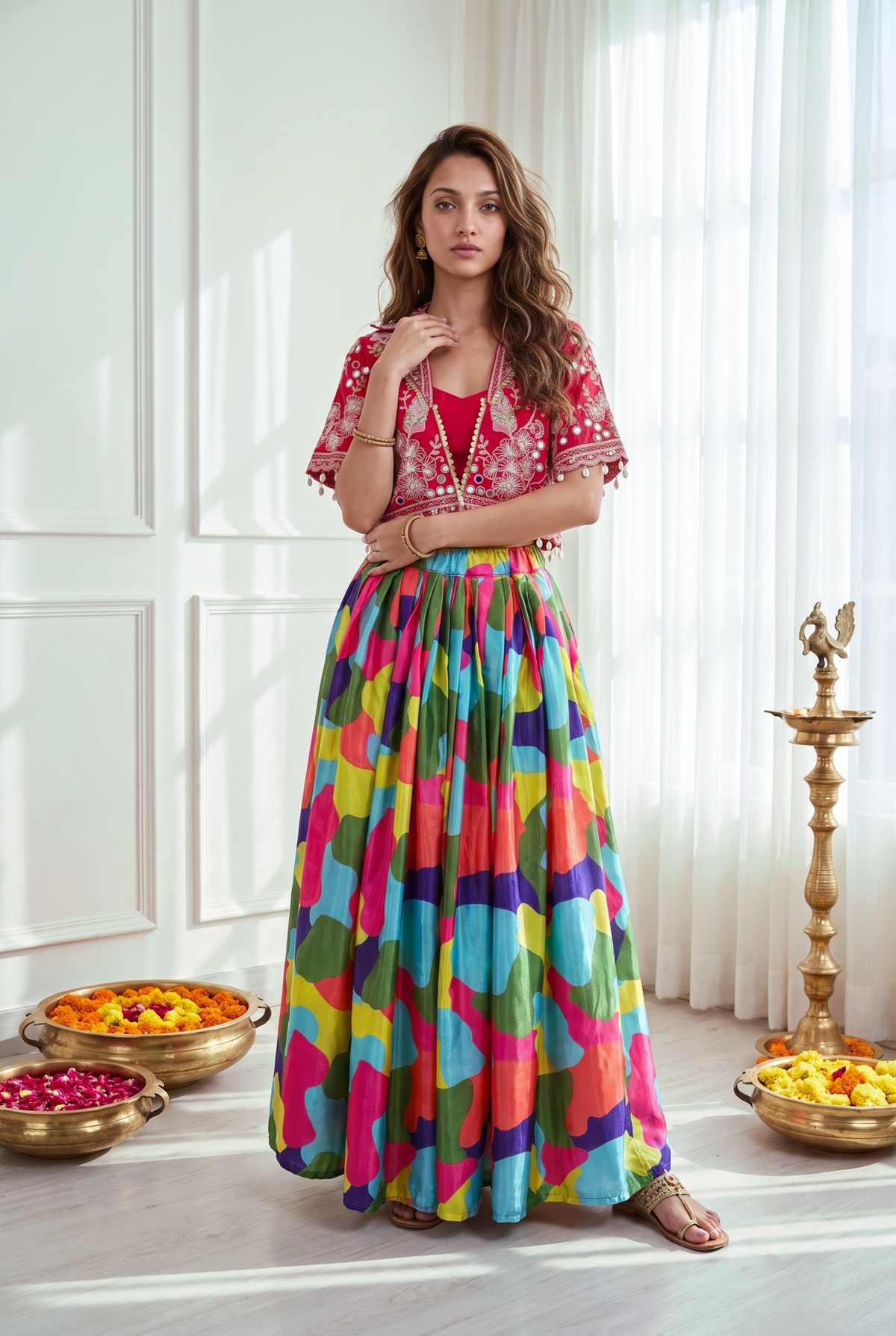 Multicolour Printed Lehenga with Mirror Koti, view 3