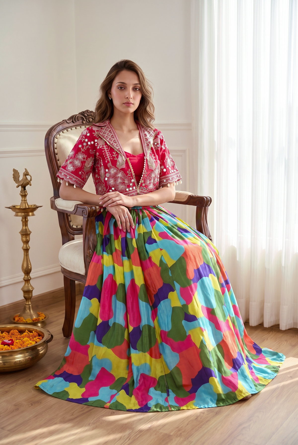 Multicolour Printed Lehenga with Mirror Koti, view 4
