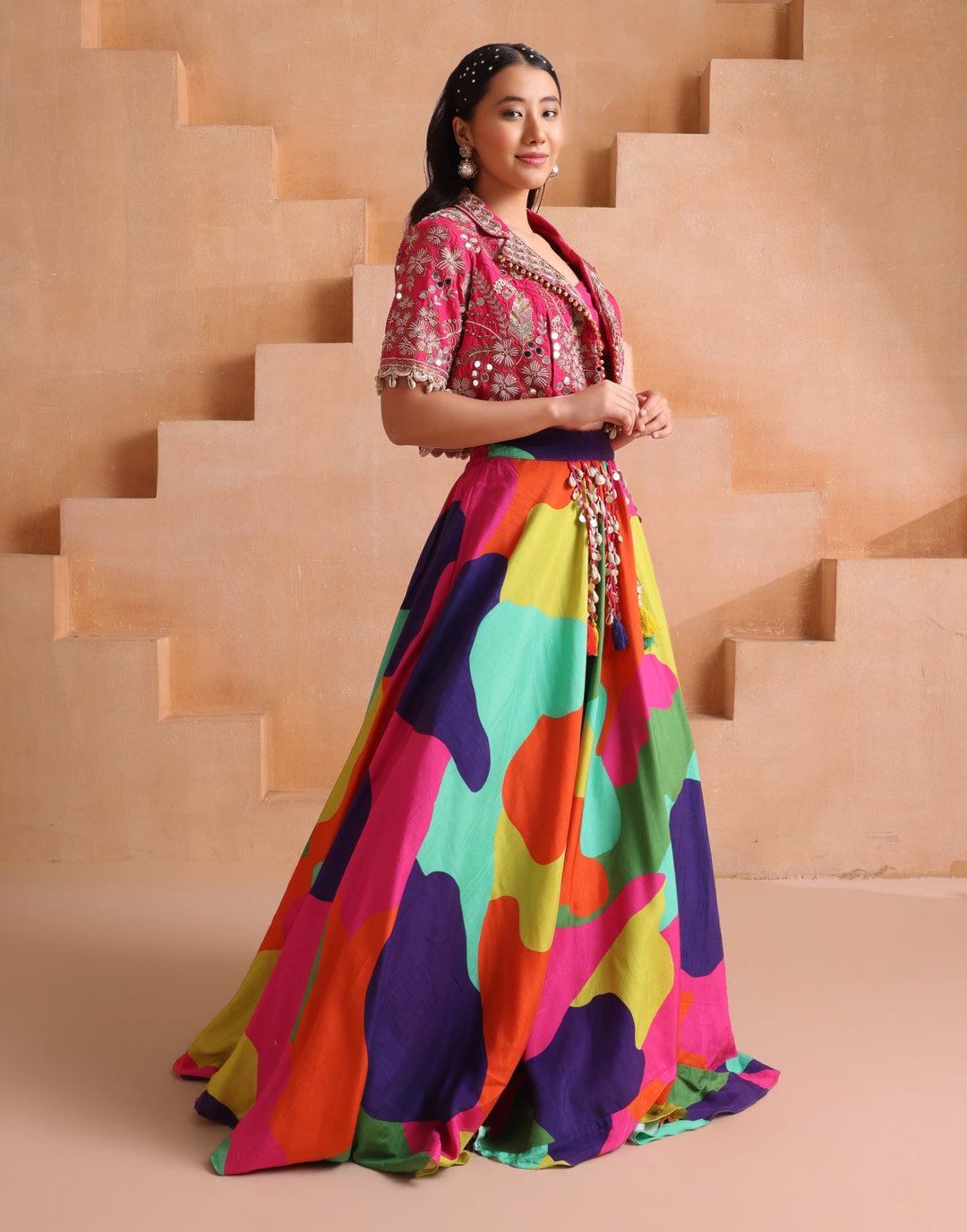 Multicolour Printed Lehenga with Mirror Koti