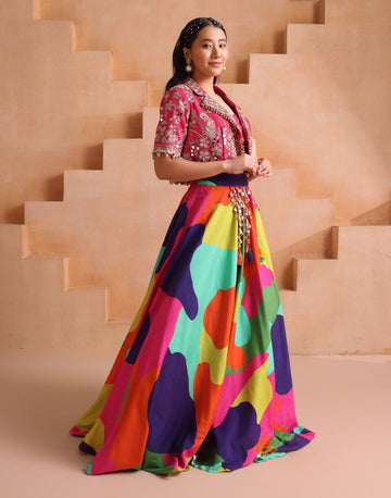 Multicolour Printed Lehenga with Mirror Koti