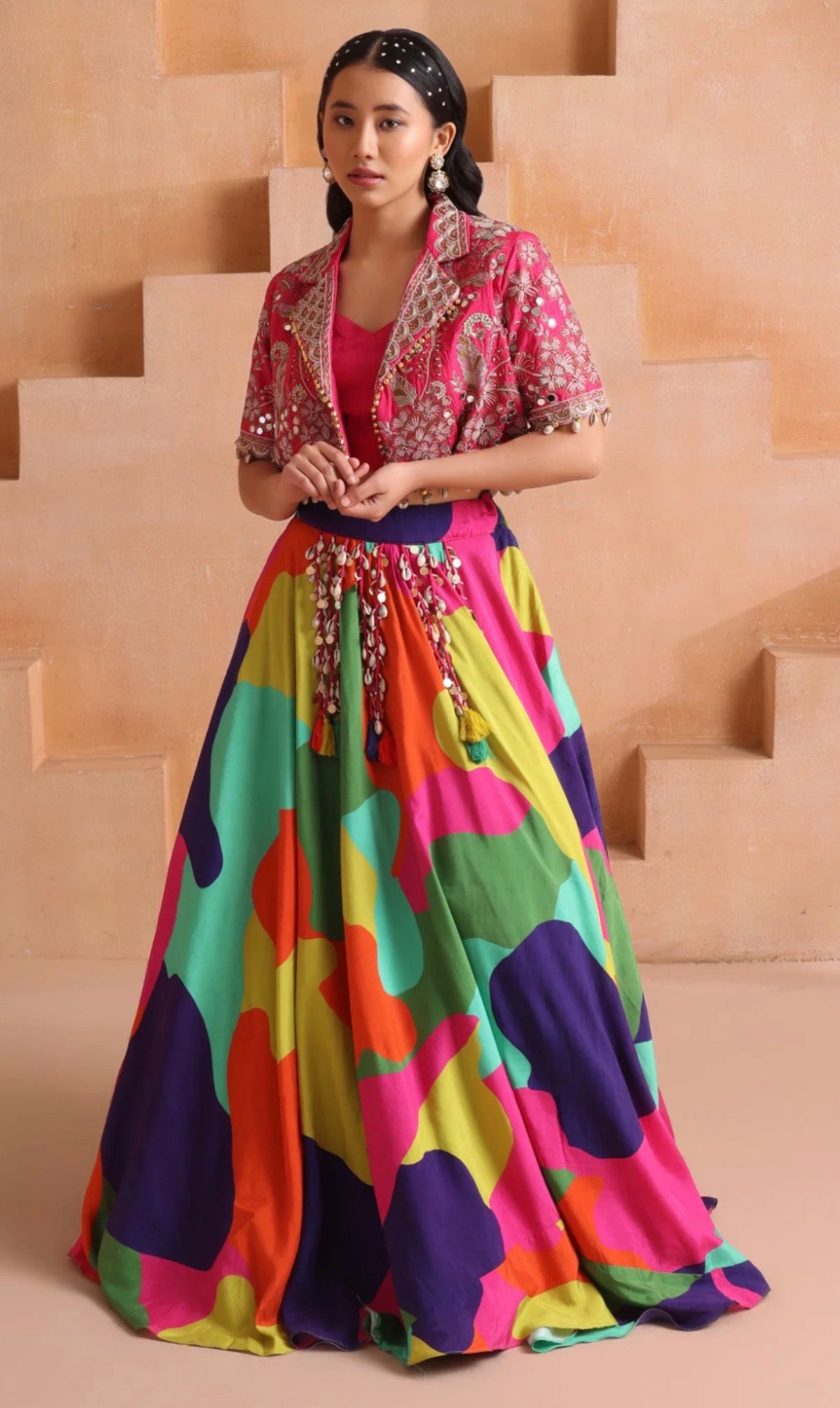 Multicolour Printed Lehenga with Mirror Koti, view 2
