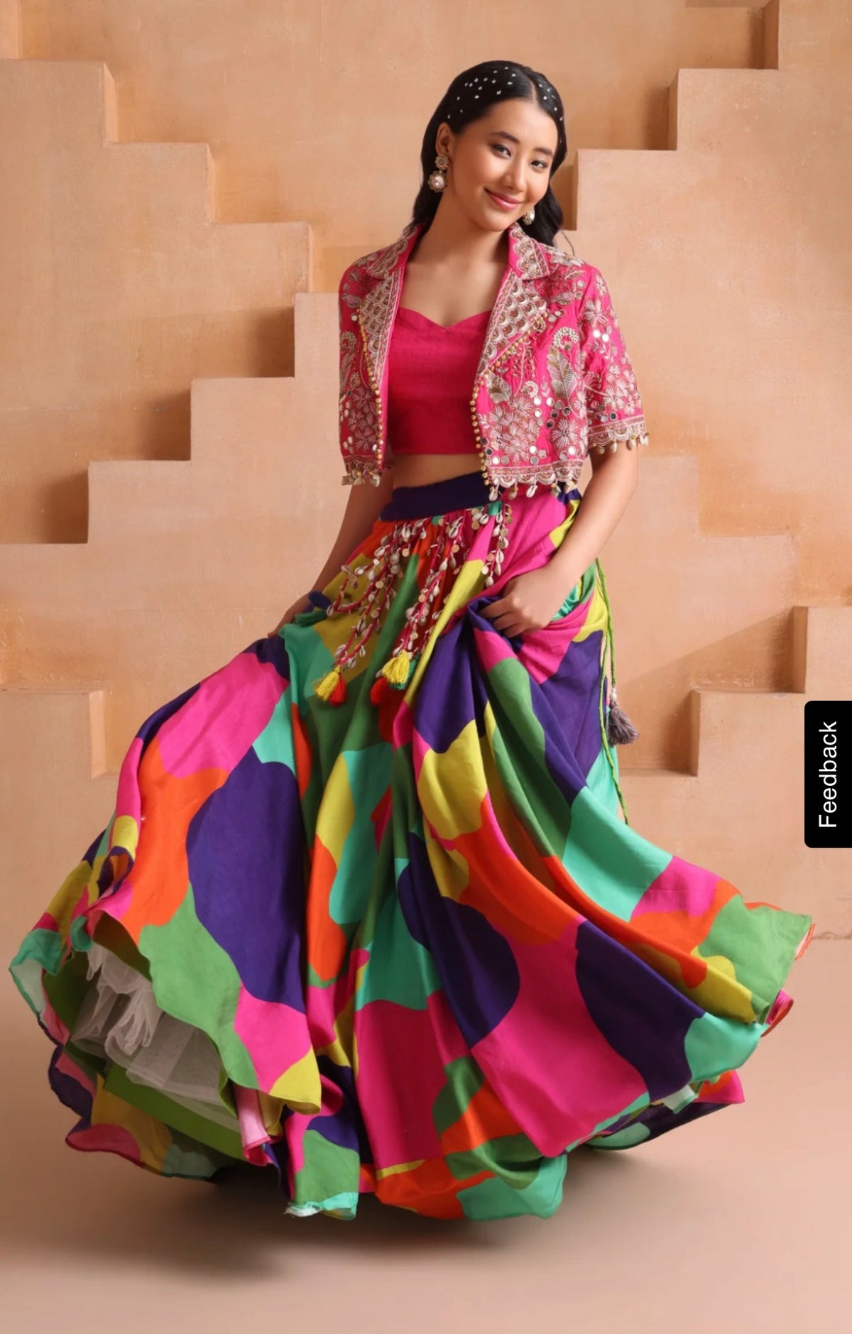 Multicolour Printed Lehenga with Mirror Koti, view 5
