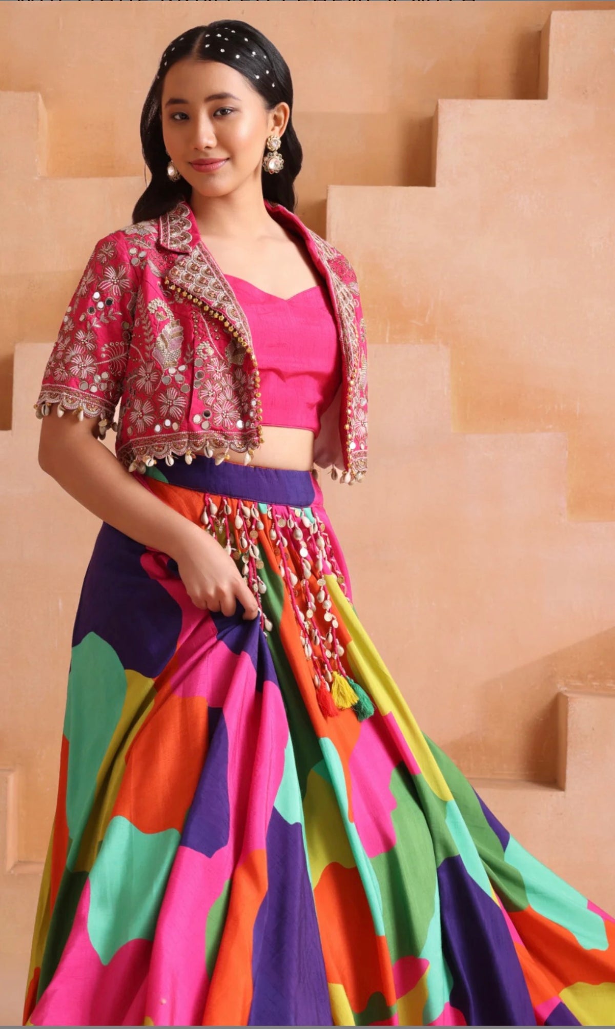 Multicolour Printed Lehenga with Mirror Koti, view 6